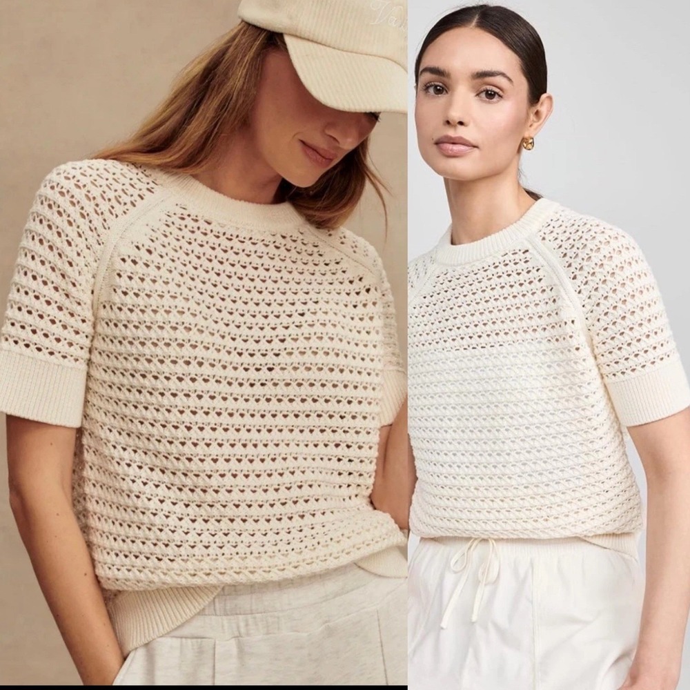 Varley Alva Egret Crochet Knit Crewneck Knit Top NWT 100% Cotton
